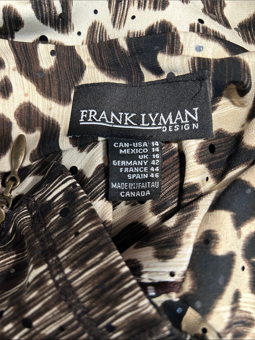 Frank Lyman Design Brown & Cream Sequined Animal-Print Zip Front Blouse Size 14 - Picture 2 of 6